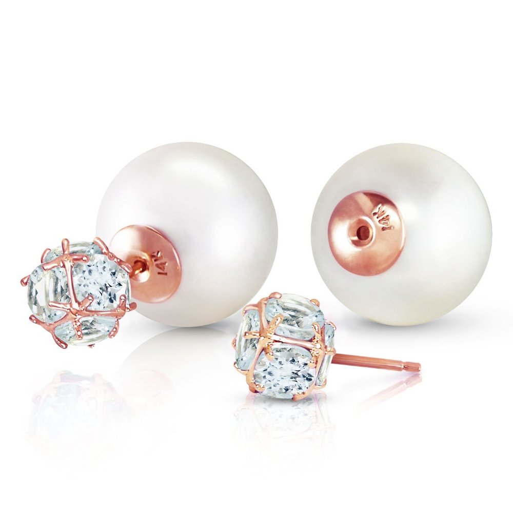 14K. GOLD TRIBAL DOUBLE SHELL PEARLS AND AQUAMARINES STUD EARRINGS (Rose Gold)